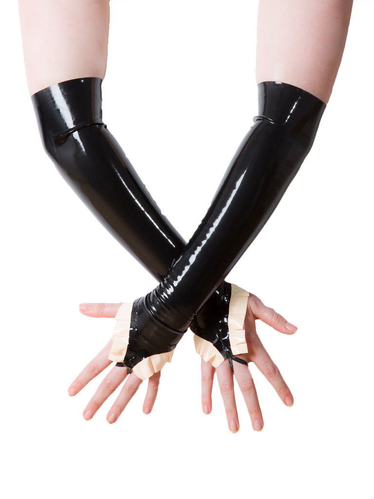 Skin Two UK Frilled Latex Gauntlets in Black & White Gloves