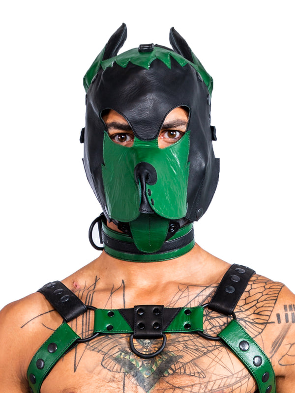 Skin Two UK Leather Full Face Dog Mask Black/Green - One Size Hood
