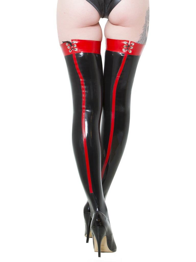Skin Two UK Latex Lace-Up Seamed Stockings Black & Red Stockings