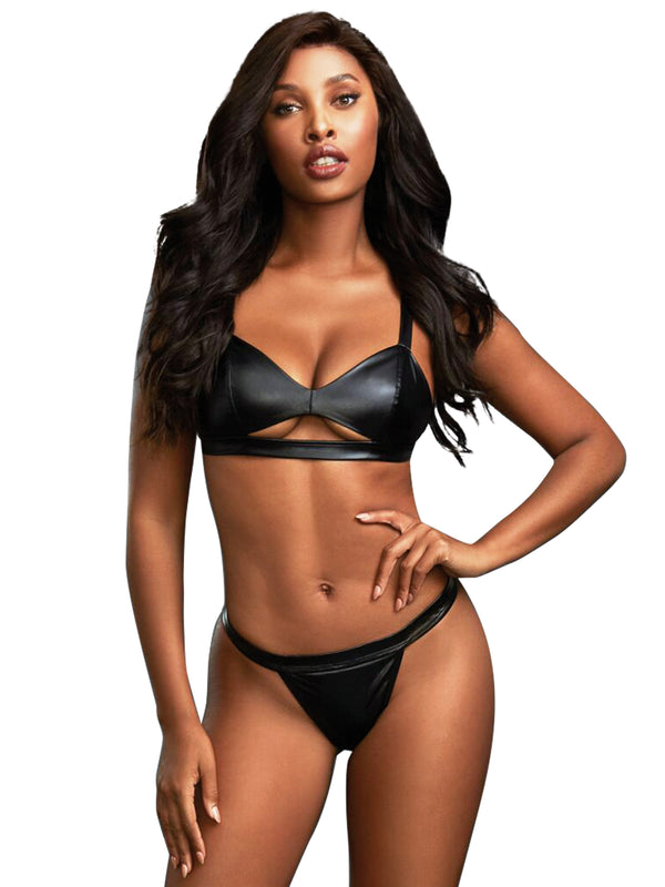 Skin Two UK Leatherette Bra & Thong Set with Chiffon Robe Set