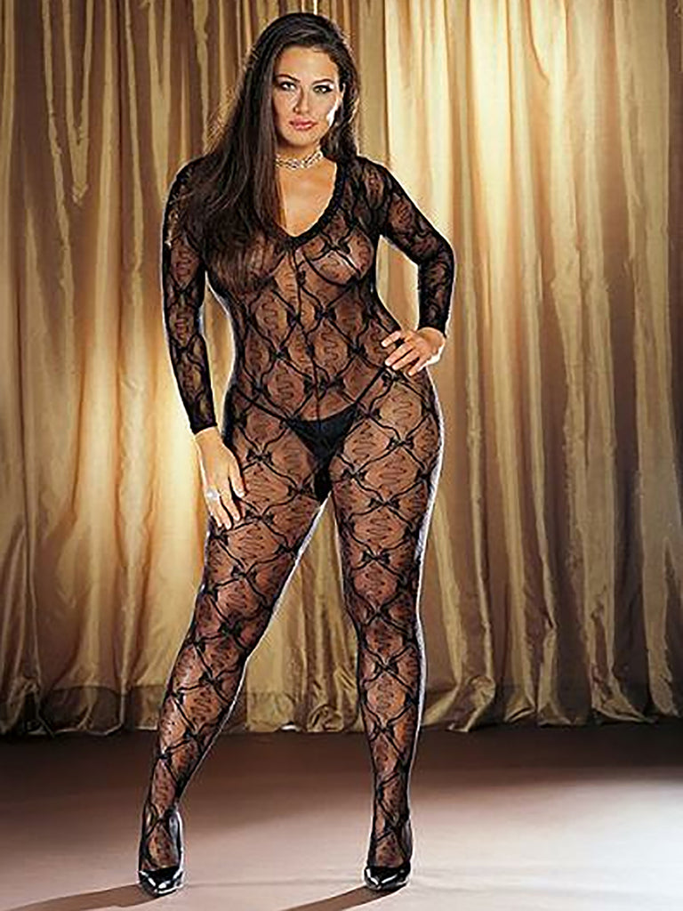 Skin Two UK Long Sleeved Lace Bodystocking With Open Crotch - Queen Size Bodystockings