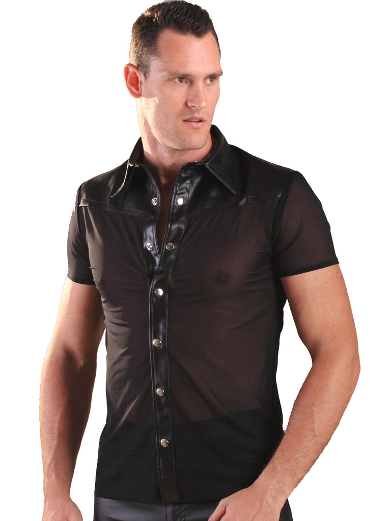Skin Two UK Mens Nylon Trim Leather Shirt Black Top