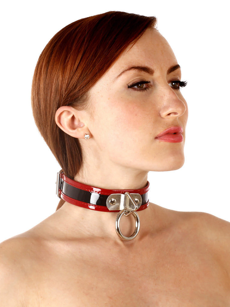 Skin Two UK Patent Leather Collar D-Ring O-Ring in Black with Red Piping Collar