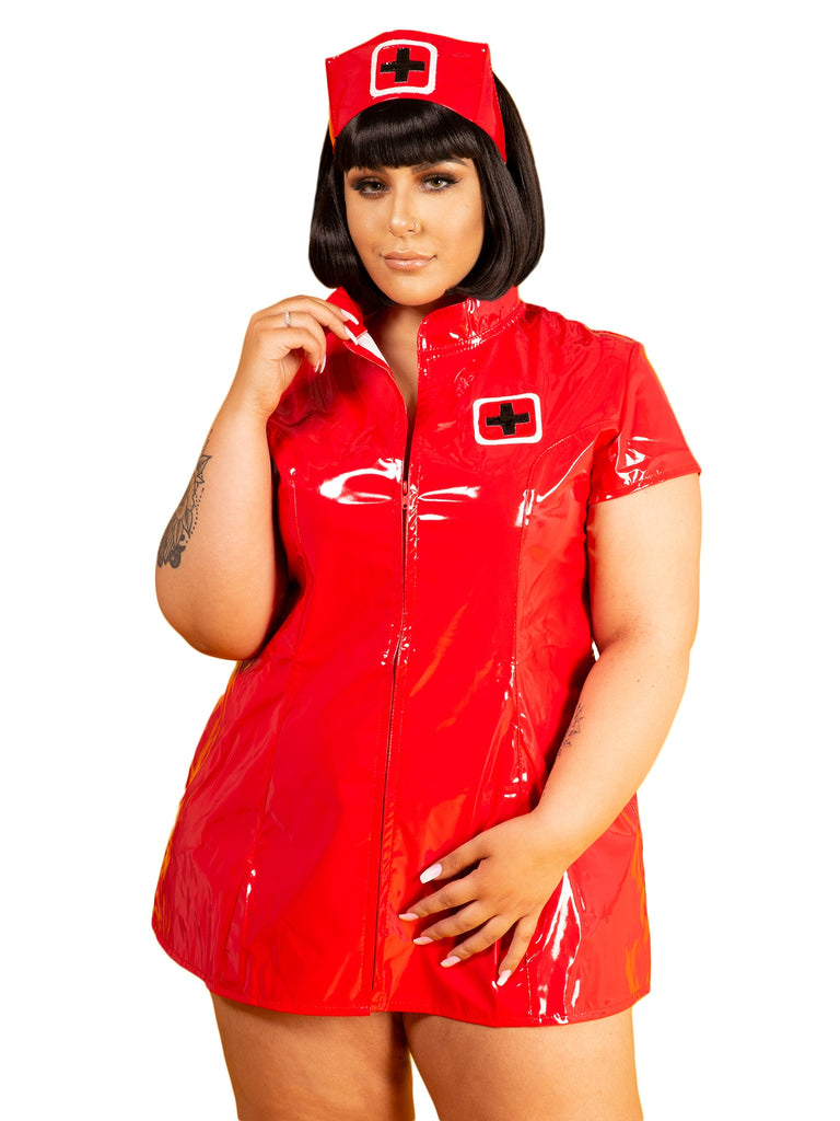 Skin Two UK Plus Size PVC Sexy Nurse Dress in Red Dress