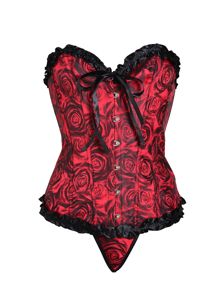 Skin Two UK Satin Rose Corset With G-String Black And Red Corset
