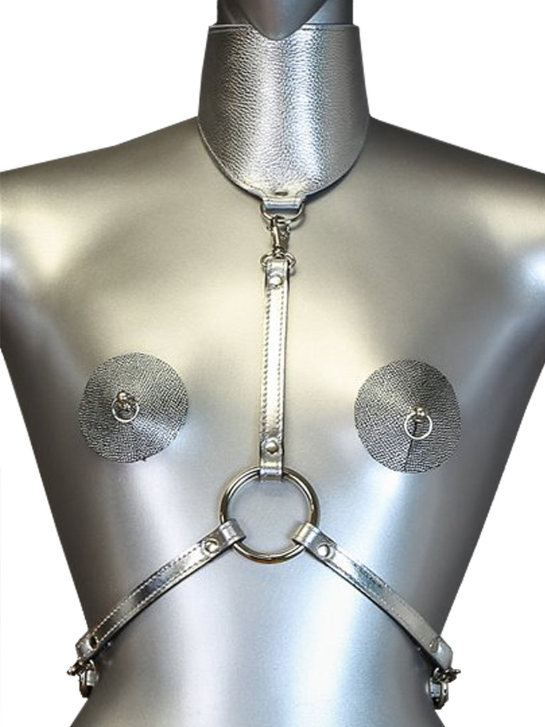 Skin Two UK Silver Leather Posture Collar Harness - One Size Harness