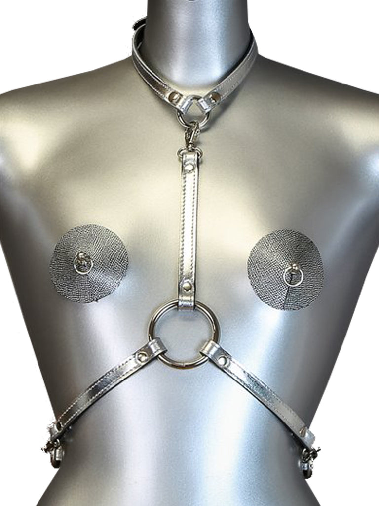 Skin Two UK Silver Leather Ring Collar Harness - One Size Harness