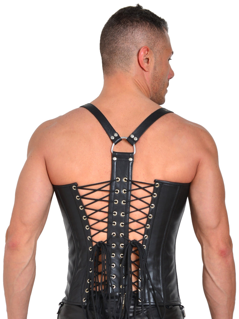Leather Men's Tops  Slayer Men's Corset Vest, Feel restricted in  gorgeously supple calfskin leather in this boned leather men's corset top.  This top has two adjustable shoulder straps and laces down