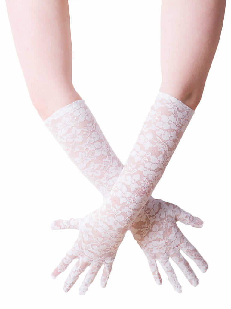Skin Two UK White Shimmer Lace Elbow Length Gloves - One Size Gloves