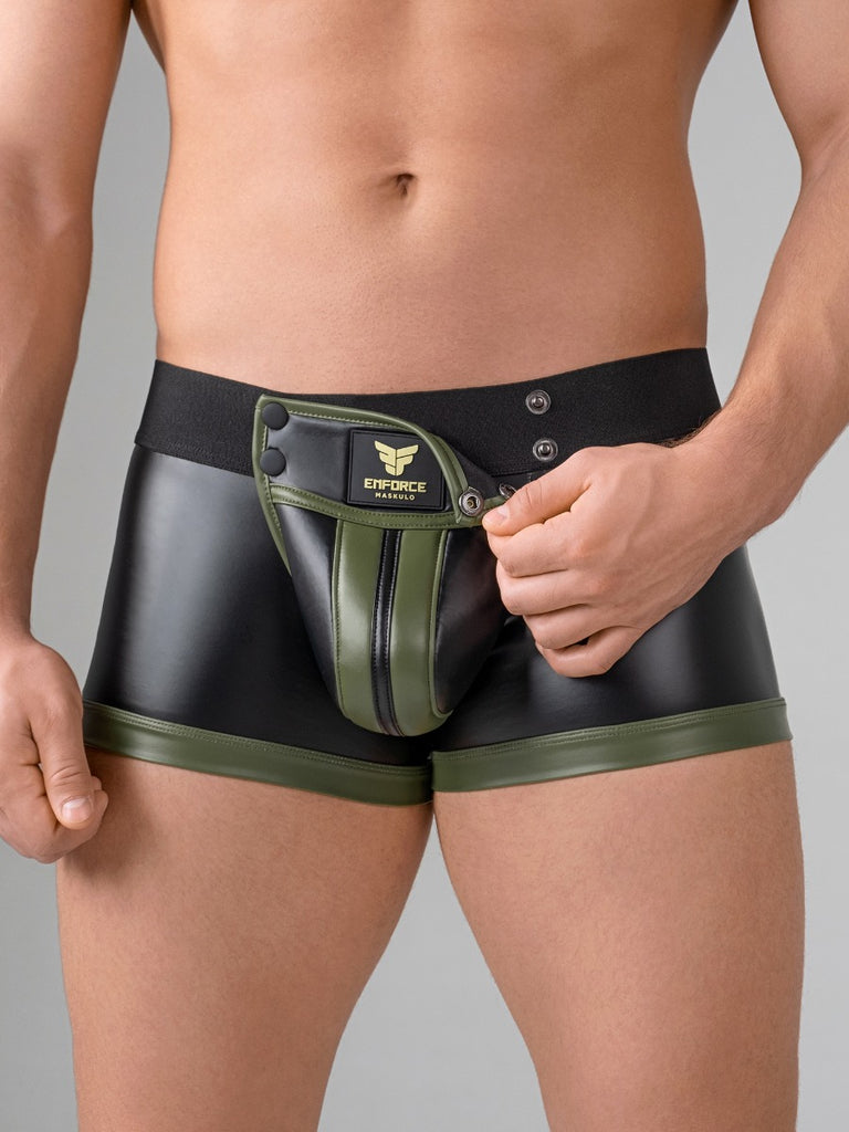 Skin Two UK Trunk Shorts with Detachable Codpiece in Black & Green Shorts