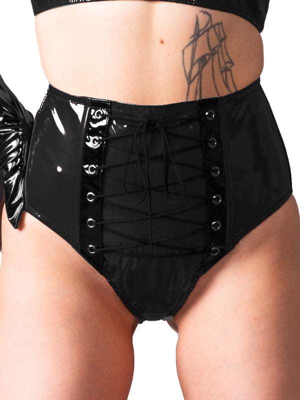 Skin Two UK Rhubarb Sensation Lace-Up PVC Knickers Black Knickers