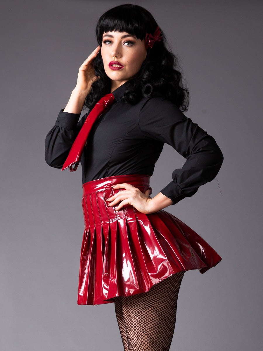 Pleated PVC Skirt Burgundy Available At A Great Price – Skin Two UK