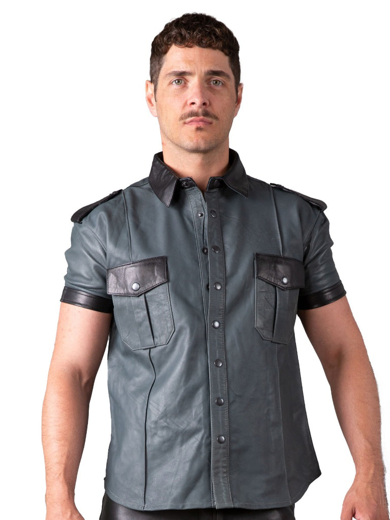 Skin Two UK Slim Fit Leather Shirt in Grey & Black Top