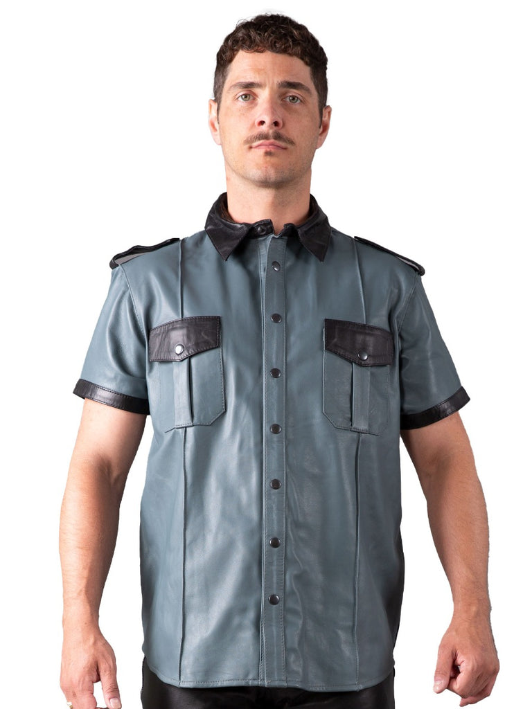 Skin Two UK Regular Fit Leather Shirt in Grey & Black Top