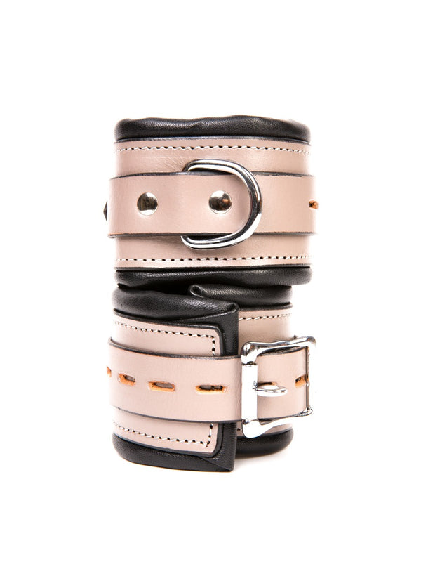 Skin Two UK Grey Leather D-Ring Hand Cuffs with Black Padding Cuffs