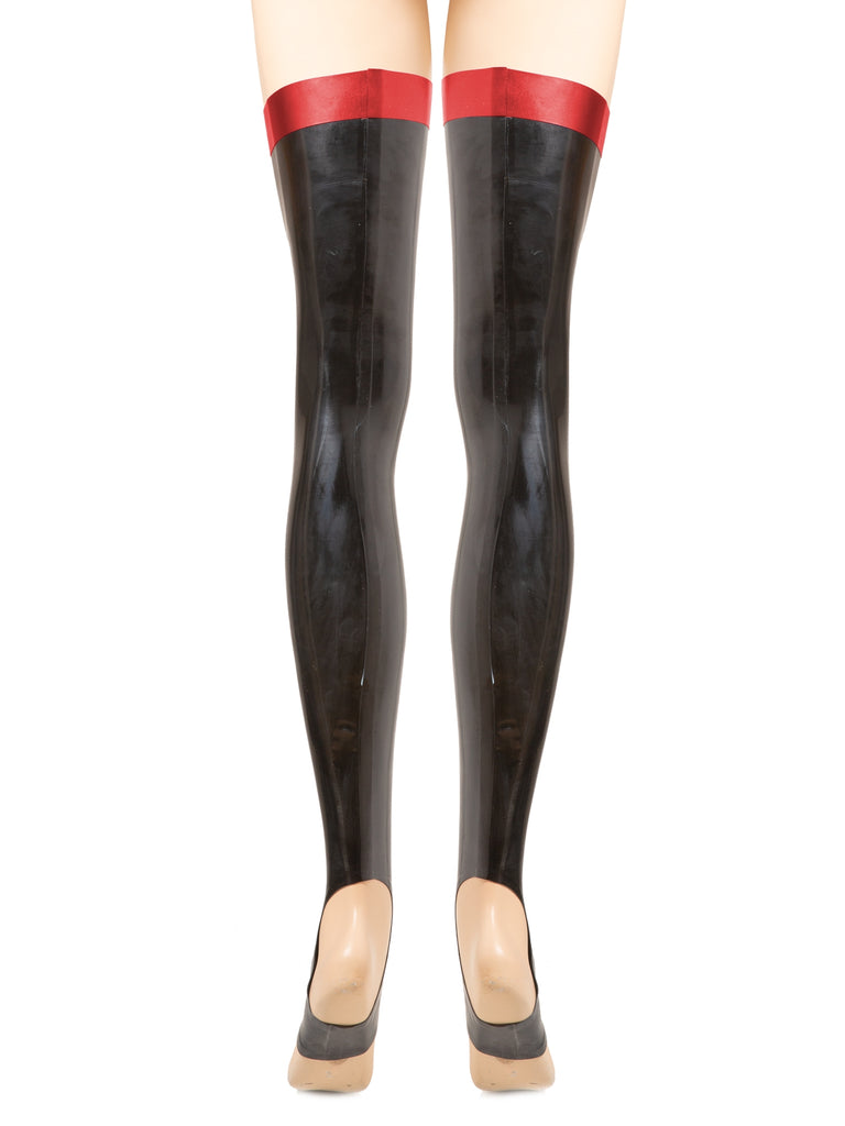 Skin Two UK Latex Footless Stirrup Trim Stockings Black-Red Stockings