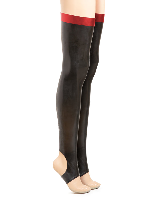 Skin Two UK Latex Footless Stirrup Trim Stockings Black-Red Stockings