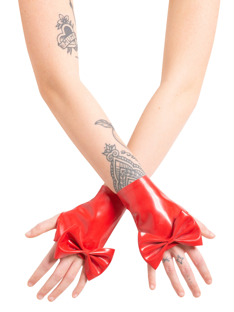 Skin Two UK Latex Wrist Gauntlets with Bow in Red Gloves