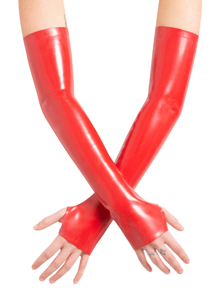 Skin Two UK Latex Elbow Plain Gauntlets in Red Gloves