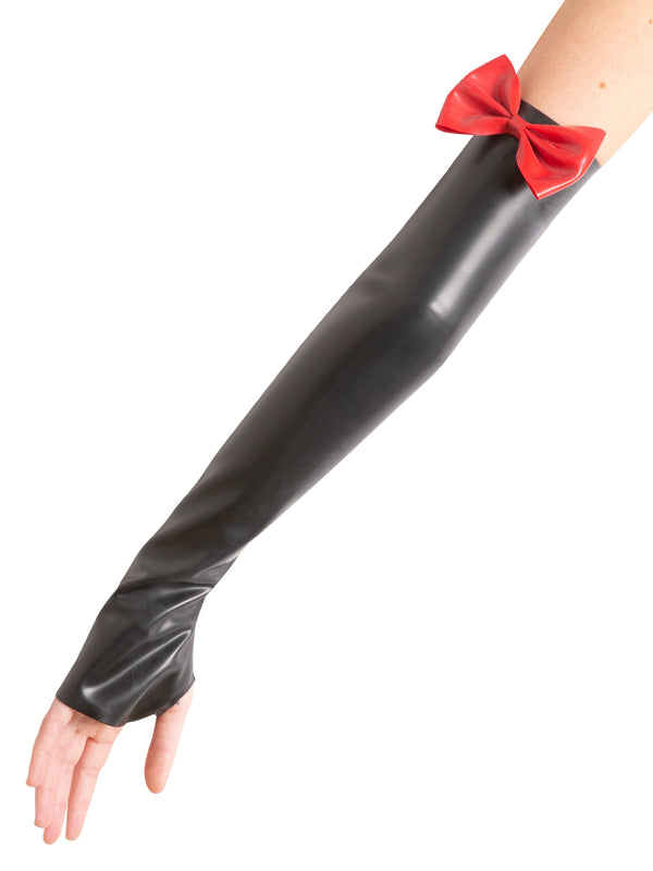 Skin Two UK Latex Elbow Gauntlets with Bow in Black-Red Gloves