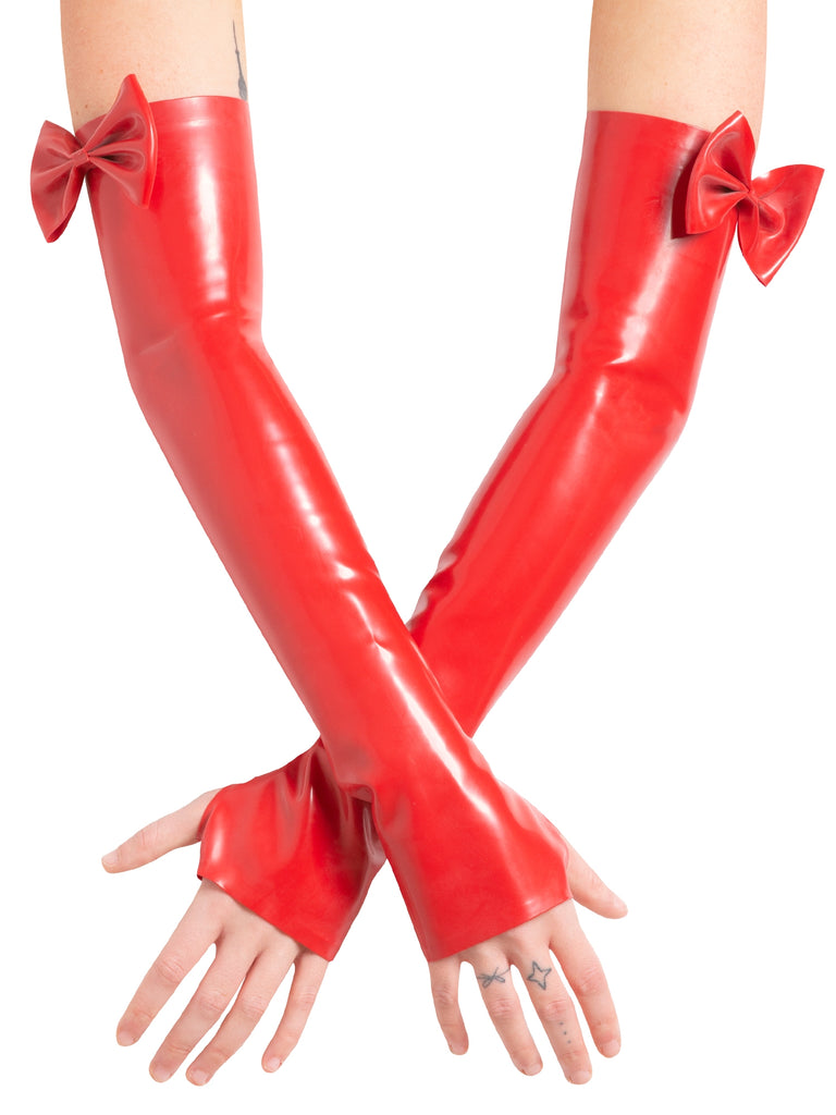 Skin Two UK Latex Elbow Gauntlets with Bow in Red Gloves